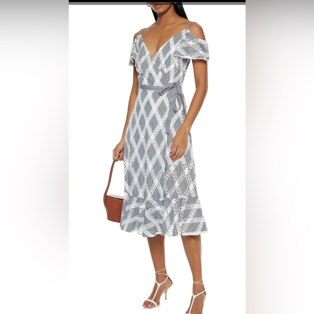 Sandro Blue and White Ruffled Off-the-Shoulder Midi Dress. Sz 40 EUC - Pre ❤️